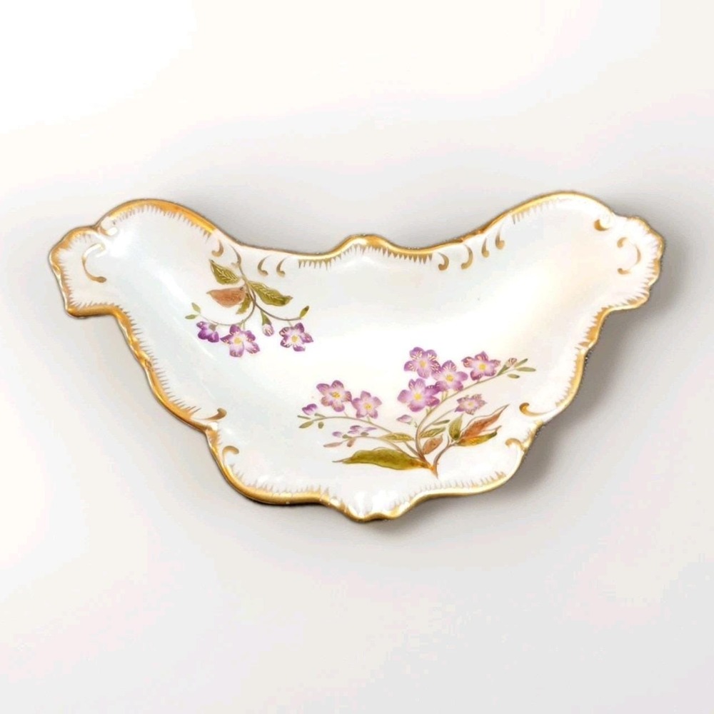 Post 1930 Kalk Porcelain Candy Bone Dish Purple Lilacs with 24K Gold Trim